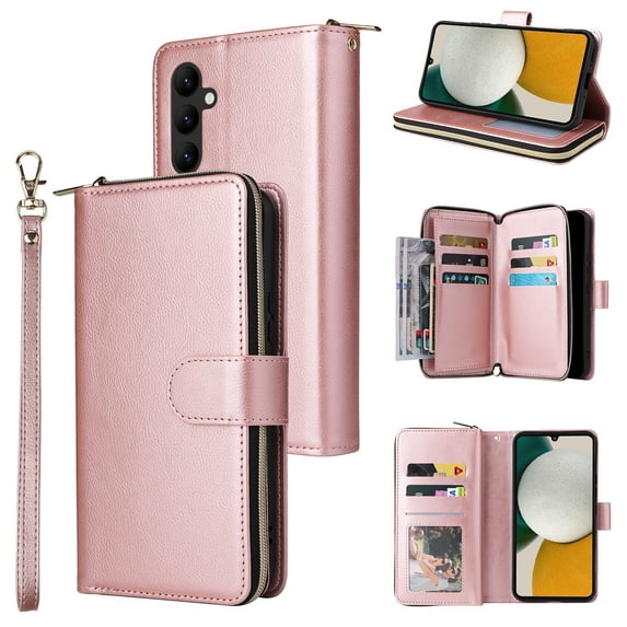 Allytech Samsung Galaxy A34 Wallet Case with 9 Card Slots & Zipper Pouch for Women Men, Magnetic Closure Kickstand Durable PU Leather Wristlet Strap Folio Flip Luxury Cover - Rosegold