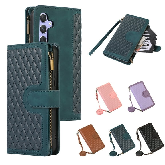 Allytech Samsung Galaxy A36 5G Wallet Case, Luxury PU Leather Stand Magnetic Clasp Cover with Wristlet & Shoulder Strap & Card Slots, Zipper Pocket Shockproof Anti-Fall Protective Case, Green