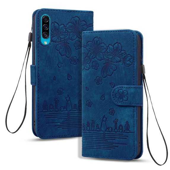 Allytech for Samsung Galaxy A50 6.4" 2019 Case, PU Leather Flip Wallet Case with Cart Slot Hand Strap and Kickstand Shockproof Protective Case for A50 Ladies Women Girls Men, Blue