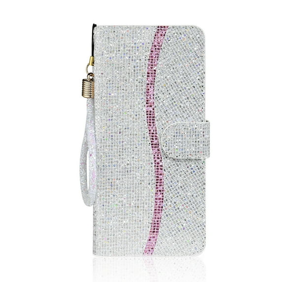 Allytech Samsung Galaxy A51 (4G) Case, Glitter Bling Design PU Leather Folding Stand Shockproof Hand Strap Magnetic Credit Cards Slots Wallet Case Flip Cover for Samsung Galaxy A51 (4G), Silver