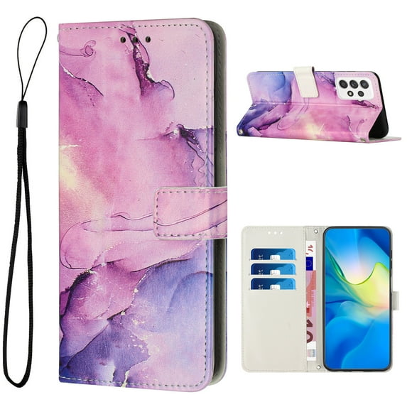 Allytech for Samsung Galaxy A53 5G Wallet Case with Wrist Strap,Women Girls,Marble Pattern PU Leather ID Credit Card Slots Pocket Kickstand Magnetic Flip Case Phone Cover,Purple