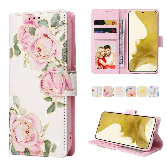 Allytech Samsung Galaxy A54 5G Wallet Case, Stylish Flowers Pattern PU Leather Cover with Wrist Strap & Card Slots, Kickstand Magnetic Closure Shockproof Case for Women Girls, Rose Flower