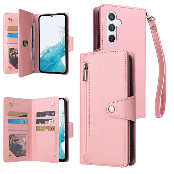 Allytech Samsung Galaxy A54 5G Wallet Case with Zipper Pocket, Luxury PU Leather Flip Cover with Card Slots & Wrist Strap, Shockproof Kickstand Magnetic Buckle Protective Case for Women Men, Rosegold