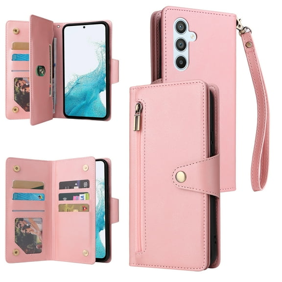 Allytech Samsung Galaxy A54 5G Wallet Case with Zipper Pocket, Luxury PU Leather Flip Cover with Card Slots & Wrist Strap, Shockproof Kickstand Magnetic Buckle Protective Case for Women Men, Rosegold