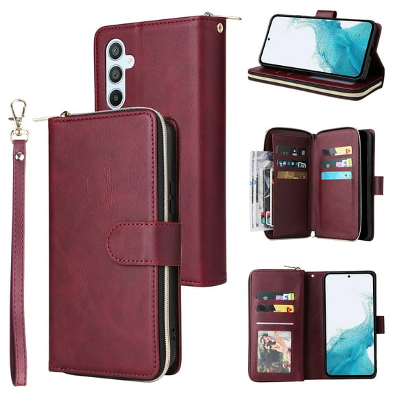 Allytech Samsung Galaxy A54 Wallet Case with 9 Card Slots & Zipper Pouch for Women Men, Magnetic Closure Kickstand Durable PU Leather Wristlet Strap Folio Flip Luxury Cover - Winered