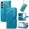 thumbnail image 1 of Allytech Samsung Galaxy A56 5G Flip Wallet Case, Luxury PU Leather [Butterfly & Flower Embossed] Magnetic Clasp Stand Case Built-in Card Slots & Cash Pocket, Shockproof Wrist Strap Case, Blue, 1 of 7