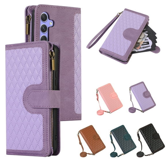 Allytech Samsung Galaxy A71 5G Wallet Case, Luxury PU Leather Stand Magnetic Clasp Cover with Wristlet & Shoulder Strap & Card Slots, Zipper Pocket Shockproof Anti-Fall Protective Case, Lavender