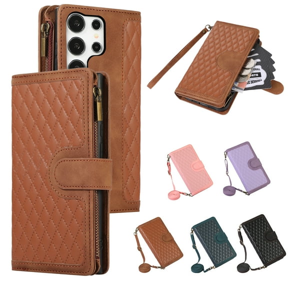 Allytech Samsung Galaxy Note 20 Ultra Wallet Case, Luxury PU Leather Stand Magnetic Clasp Cover with Wristlet & Shoulder Strap & Card Slots, Zipper Pocket Shockproof Anti-Fall Protective Case, Brown