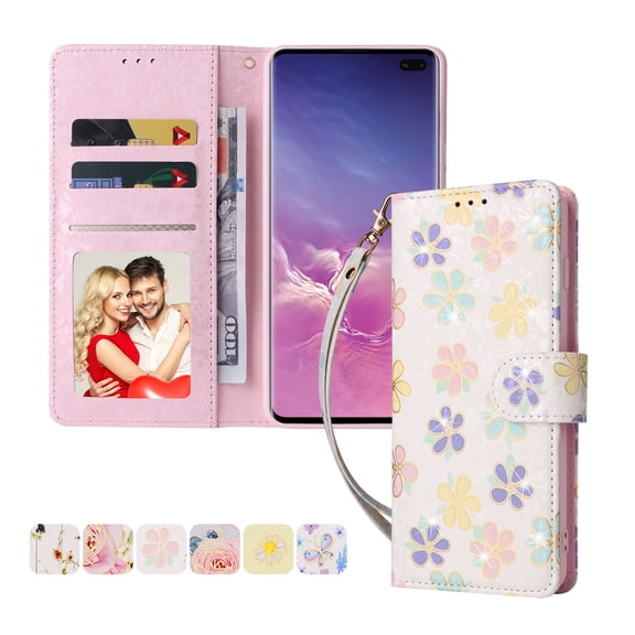 Allytech for Samsung Galaxy S10 Plus Wallet Case, RFID Blocking PU Leather Magnetic Closure Case with Wrist Strap Card Slots Soft TPU Bumper Case for Galaxy S10+/S10 Plus 6.4" 2019, Colorful Flower