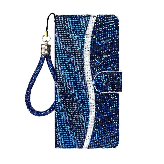 Allytech Samsung Galaxy S10e Case, PU Leather Bling Glitter Inner TPU Cover Bumper Stand Cards Slots Wrist Strap Magnetic Flip Cover Shockproof Wallet Case for Samsung Galaxy S10e, Blue