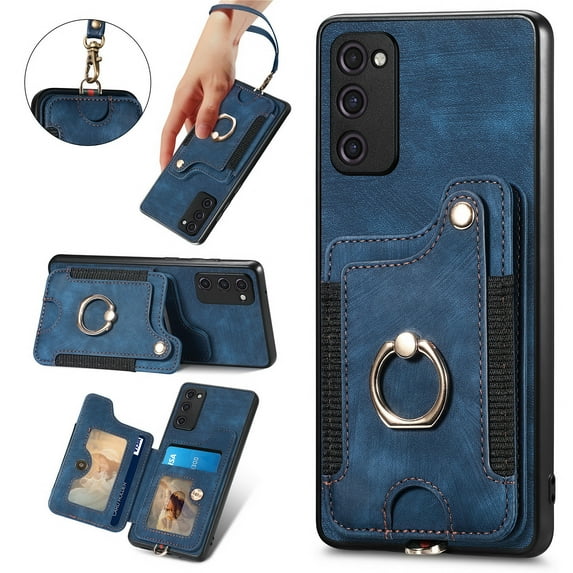 Allytech Samsung Galaxy S20 FE Case Wallet, S20 FE 5G Case, S20 FE 2022 Case, RFID Blocking Multiple Cards Slots Ring Holder Stand Shockproof Protective Hand Wrist Wallet Case Cover - Blue