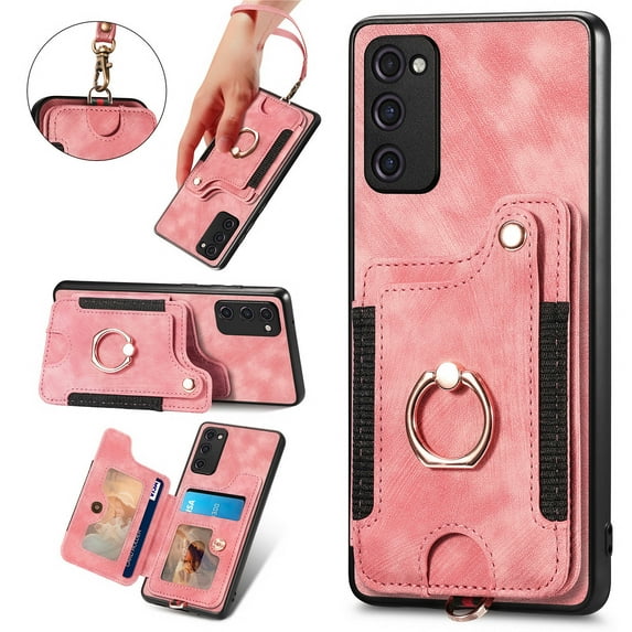 Allytech Samsung Galaxy S20 FE Case Wallet, S20 FE 5G Case, S20 FE 2022 Case, RFID Blocking Multiple Cards Slots Ring Holder Stand Shockproof Protective Hand Wrist Wallet Case Cover - Pink