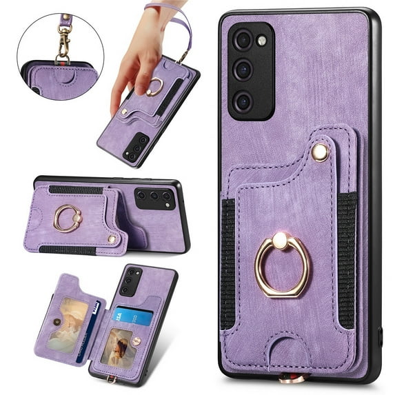 Allytech Samsung Galaxy S20 FE Case Wallet, S20 FE 5G Case, S20 FE 2022 Case, RFID Blocking Multiple Cards Slots Ring Holder Stand Shockproof Protective Hand Wrist Wallet Case Cover - Purple