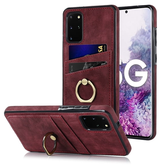 Allytech for Samsung Galaxy S20 Plus 6.7 inch Back Case with Card Slots Finger Ring Holder Drop Protection Retro PU Leather Protective Phone Cover for Samsung Galaxy S20+,Winered