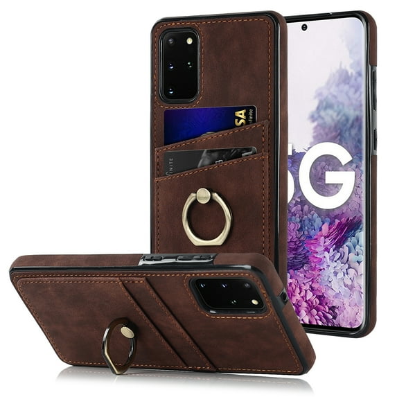 Allytech for Samsung Galaxy S20 Plus 6.7 inch Back Case with Card Slots Finger Ring Holder Drop Protection Retro PU Leather Protective Phone Cover for Samsung Galaxy S20+,Coffee