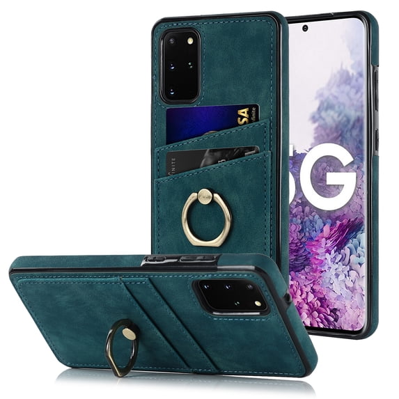 Allytech for Samsung Galaxy S20 Plus 6.7 inch Back Case with Card Slots Finger Ring Holder Drop Protection Retro PU Leather Protective Phone Cover for Samsung Galaxy S20+,Blue