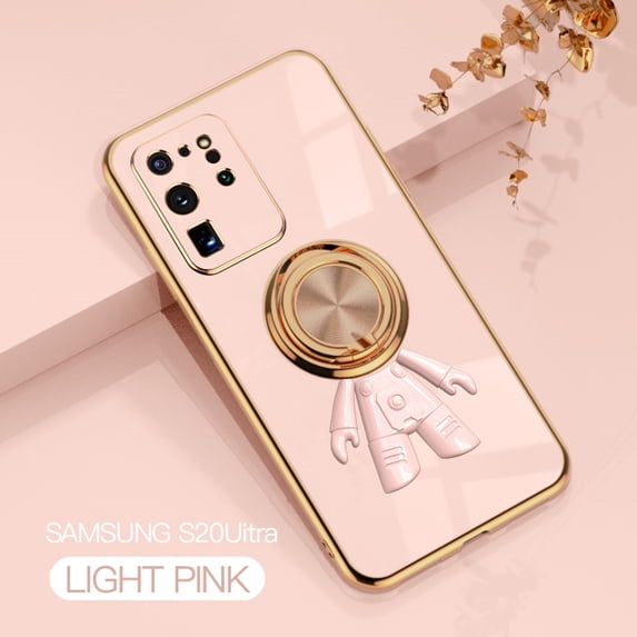 Allytech for Samsung Galaxy S20 Ultra 6.9 Inch Ultra Thin Electroplated Gold Frame Anti-Drop Cover Case, Cute Girly 3D Astronaut Hidden Finger Ring Kickstand Shockproof Case, Lightpink