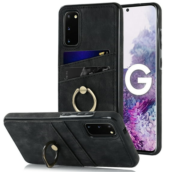 Allytech for Samsung Galaxy S20 Wallet Case with Card Holder Ring Kickstand Dual Layer Leather Credit Card Slots Protective Shockproof Cover Designed for Samsung Galaxy S20, Black
