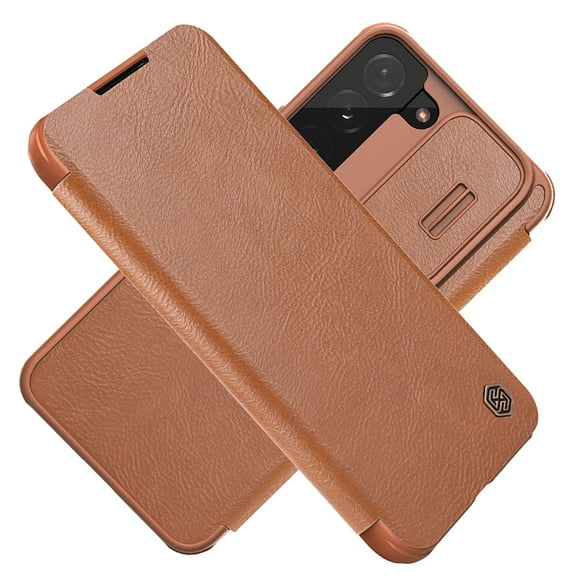 Allytech for Samsung Galaxy S22 Case with Slide Camera Cover and Card Holder, PU Leather Case with Flip Cover and Camera Protection, Durable Shockproof Cover for Galaxy S22 6.1" 2022, Brown