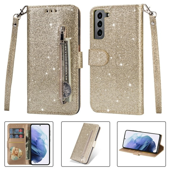 Allytech Samsung Galaxy S22 Case, Stylish Bling Glitter PU Leather Folding Stand Shock Absorption Wrist Strap Zipper Cards Holders Wallet Case for Samsung Galaxy S22, Gold