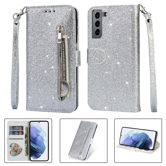 Allytech Samsung Galaxy S22+ Plus Case, Stylish Bling Glitter PU Leather Folding Stand Shock Absorption Wrist Strap Zipper Cards Holders Wallet Case for Samsung Galaxy S22 Plus, Silver