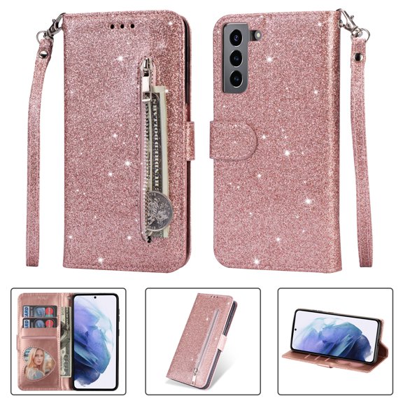 Allytech Samsung Galaxy S22+ Plus Case, Stylish Bling Glitter PU Leather Folding Stand Shock Absorption Wrist Strap Zipper Cards Holders Wallet Case for Samsung Galaxy S22 Plus, Rosegold