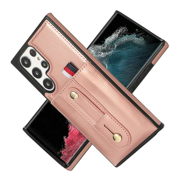 Allytech for Samsung Galaxy S22 Ultra 6.8" 2022 Case, PU Leather Adjustable Loop Strap Case with Hidden Cart Slot Shockproof Protective Case for S22 Ultra 5G Ladies Women Girls Men, Rosegold