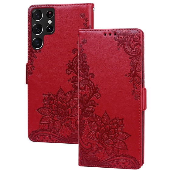 Allytech for Samsung Galaxy S22 Ultra 6.8" 2022 Wallet Case, PU Leather Embossed Lace Flip Case with Cart Slot and Kickstand Shockproof Protective Case for Galaxy S22 Ultra 5G Ladies Men, Red