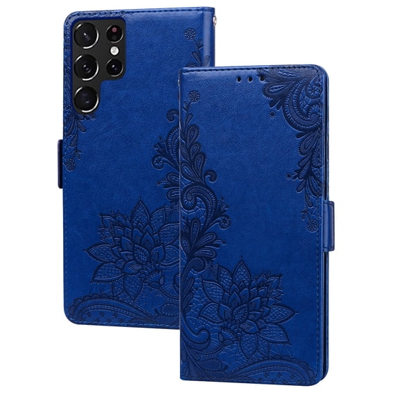 Allytech for Samsung Galaxy S22 Ultra 6.8" 2022 Wallet Case, PU Leather Embossed Lace Flip Case with Cart Slot and Kickstand Shockproof Protective Case for Galaxy S22 Ultra 5G Ladies Men, Darkblue