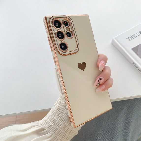 Allytech for Samsung Galaxy S22 Ultra 6.8 Inch Slim Electroplated Case, Hearts Pattern Plating Frame Lens Protection Lightweight Case for Women Girls, Shockproof Drop Resistant,White