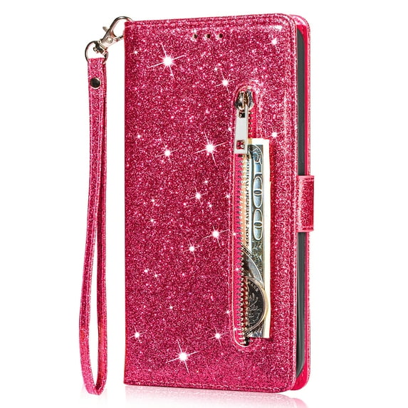 Allytech Samsung Galaxy S22 Ultra Case, Stylish Bling Glitter PU Leather Folding Stand Shock Absorption Wrist Strap Zipper Cards Holders Wallet Case for Samsung Galaxy S22 Ultra, Rose