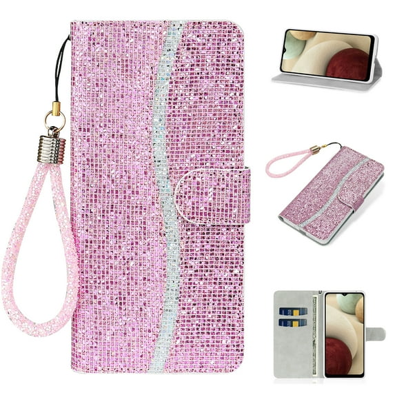 Allytech for Samsung Galaxy S23 Case (6.1 inch) 2023, Luxury Bling Glitter Sparkly PU Leather Shockproof TPU Anti-Scratch Flip Card Slots Wallet Stand Case with Hand Strap for Samsung S23, Pink