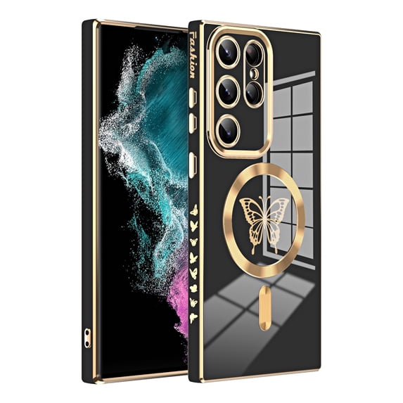 Allytech for Samsung Galaxy S23+ Case Magnetic, S23 Plus Case, Wireless Charging Compatible with Magsafe Anti-Scratch Bumper Butterfly Stylish Luxury Phone Case for Girls Women - Black