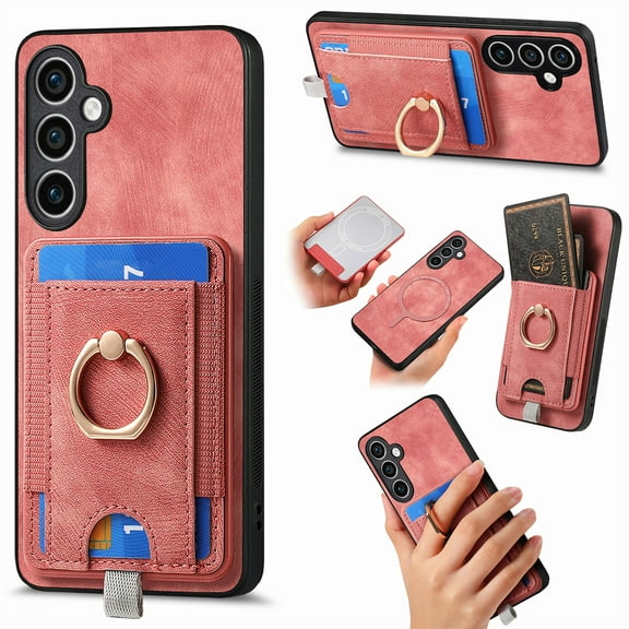 Allytech for Samsung Galaxy S23 FE 2 in 1 Detachable Wallet Case, Retro PU Leather Ring Kickstand Card Slots Case for Women Men, Strong Magnetic Shockproof Anti-Scratch Slim Case - Pink