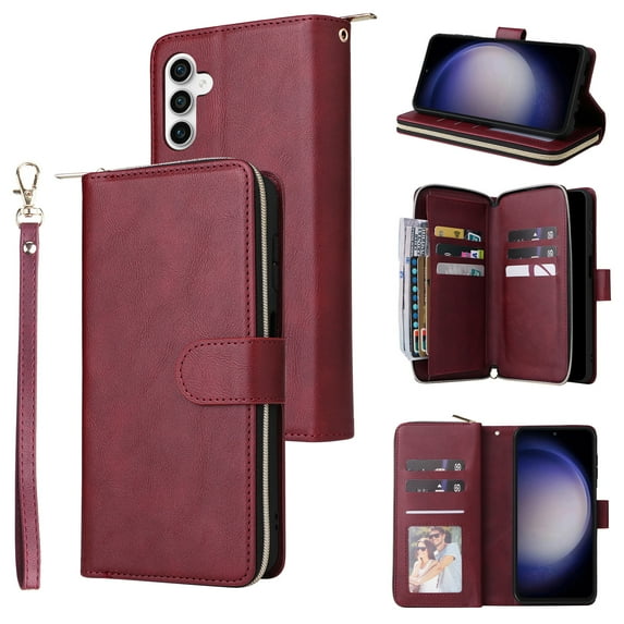 Allytech Samsung Galaxy S23 FE Wallet Case with 9 Card Slots & Zipper Pouch for Women Men, Magnetic Closure Kickstand Durable PU Leather Wristlet Strap Folio Flip Luxury Cover - Winered