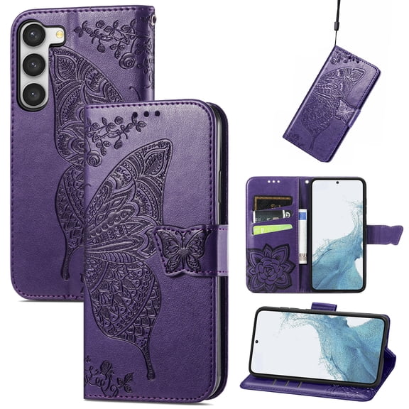 Allytech Samsung Galaxy S23 Flip Wallet Case, Luxury PU Leather [Butterfly & Flower Embossed] Magnetic Clasp Stand Case Built-in Card Slots & Cash Pocket, Shockproof Wrist Strap Case, Purple