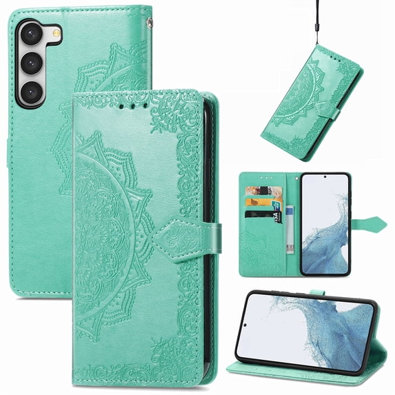 Allytech for Samsung Galaxy S23 Plus Wallet Case, Luxury PU Leather with Embossed Pattern, Magnetic Clasp Kickstand Card Cash Slots Shockproof Slim Flip Case with Hand Strap for Women Men - Green