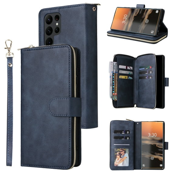 Allytech Samsung Galaxy S23 Ultra Wallet Case with 9 Card Slots & Zipper Pouch for Women Men, Magnetic Closure Kickstand Durable PU Leather Wristlet Strap Folio Flip Luxury Cover - Blue