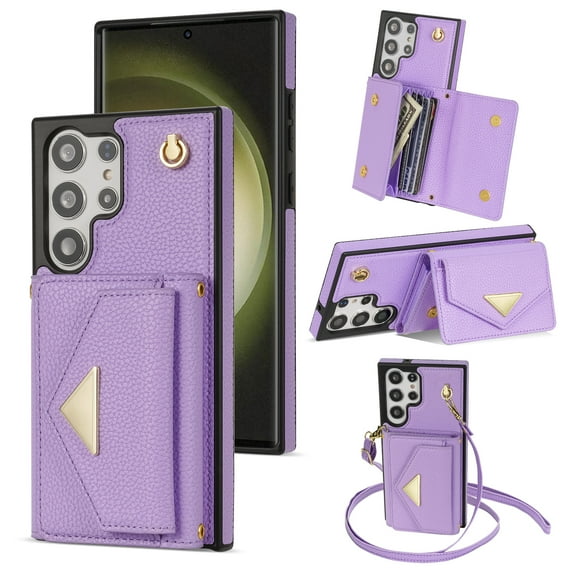Allytech for Samsung Galaxy S23 Ultra Wallet Case Cover, PU Leather Large Space Cards Slots Detachable Shoulder Strap Back Cover for Girls Women Shockproof Phone Case for Galaxy S23 Ultra - Purple