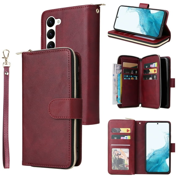 Allytech Samsung Galaxy S23 Wallet Case with 9 Card Slots & Zipper Pouch for Women Men, Magnetic Closure Kickstand Durable PU Leather Wristlet Strap Folio Flip Luxury Cover - Winered