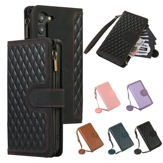 Allytech Samsung Galaxy S23 Wallet Case, Luxury PU Leather Stand Magnetic Clasp Cover with Wristlet & Shoulder Strap & Card Slots, Zipper Pocket Shockproof Anti-Fall Protective Case, Black