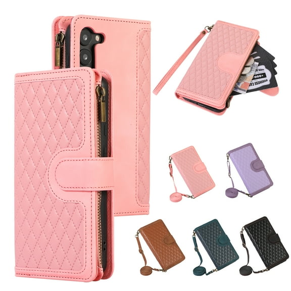 Allytech Samsung Galaxy S23 Wallet Case, Luxury PU Leather Stand Magnetic Clasp Cover with Wristlet & Shoulder Strap & Card Slots, Zipper Pocket Shockproof Anti-Fall Protective Case, Pink