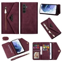 Allytech Samsung Galaxy S24 Case Wallet, PU Leather Shoulder Strap Hand Wrist Stand Feature Shockproof Protective Cards Slots Zipper Pocket Case Cover for Samsung Galaxy S24, Winered