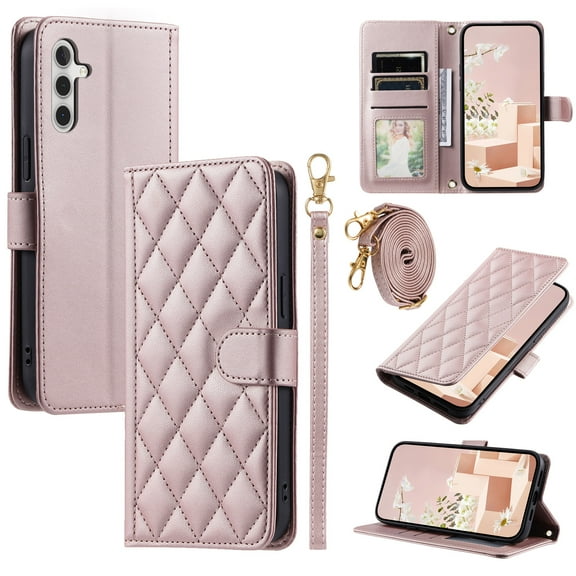 Allytech Samsung Galaxy S24 Plus Slim Wallet Case, Luxury PU Leather Kickstand Case with Detachable Shoulder & Wrist Strap, Cash Card Slots Magnetic Clasp Shockproof Protective Case - Rosegold