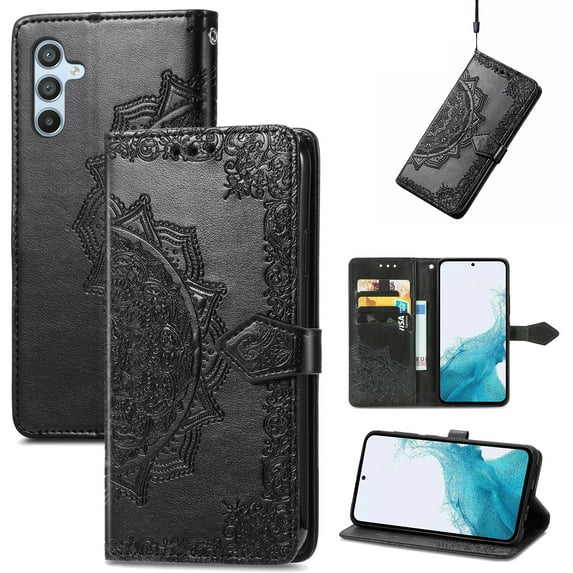 Allytech for Samsung Galaxy S24 Plus Wallet Case, Luxury PU Leather with Embossed Pattern, Magnetic Clasp Kickstand Card Cash Slots Shockproof Slim Flip Case with Hand Strap for Women Men - Black