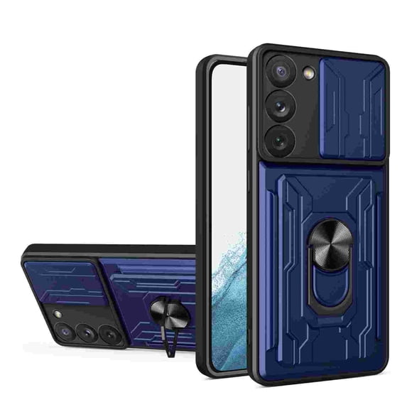 Allytech Samsung Galaxy S24 Rugged Case with Slide Camera Lens Cover, Ring Kickstand Detachable Card Holder Magnetic Car Mount Hybrid PC Shockproof Protective Case for Samsung Galaxy S24 - Blue