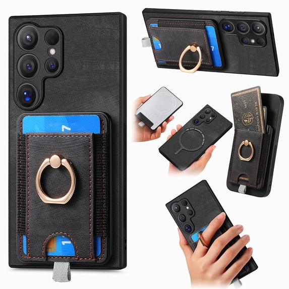 Allytech for Samsung Galaxy S24 Ultra 2 in 1 Detachable Wallet Case, Retro PU Leather Ring Kickstand Card Slots Case for Women Men, Strong Magnetic Shockproof Anti-Scratch Slim Case - Black