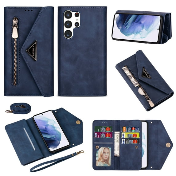 Allytech Samsung Galaxy S24 Ultra Case Wallet, PU Leather Shoulder Strap Hand Wrist Stand Feature Shockproof Protective Cards Slots Zipper Pocket Case Cover for Samsung Galaxy S24 Ultra, Blue