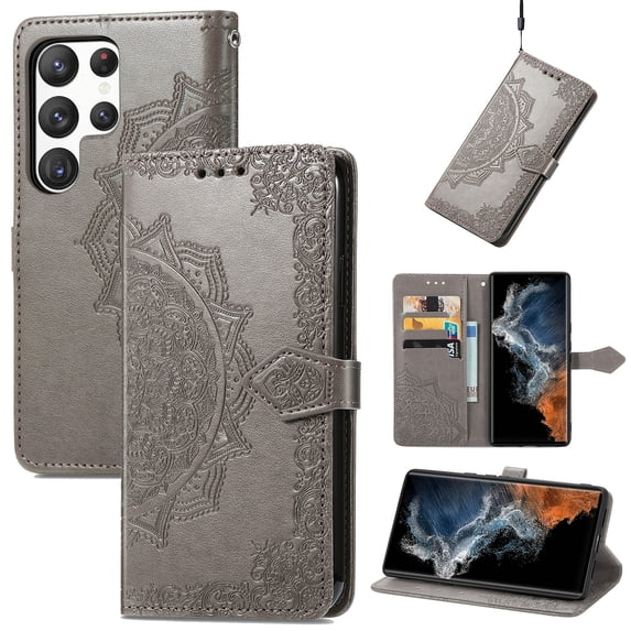 Allytech for Samsung Galaxy S24 Ultra Wallet Case, Luxury PU Leather with Embossed Pattern, Magnetic Clasp Kickstand Card Cash Slots Shockproof Slim Flip Case with Hand Strap for Women Men - Gray