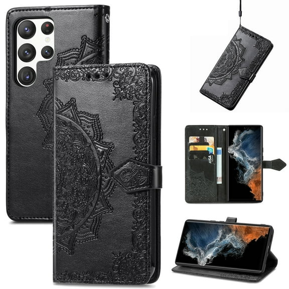 Allytech for Samsung Galaxy S24 Ultra Wallet Case, Luxury PU Leather with Embossed Pattern, Magnetic Clasp Kickstand Card Cash Slots Shockproof Slim Flip Case with Hand Strap for Women Men - Black